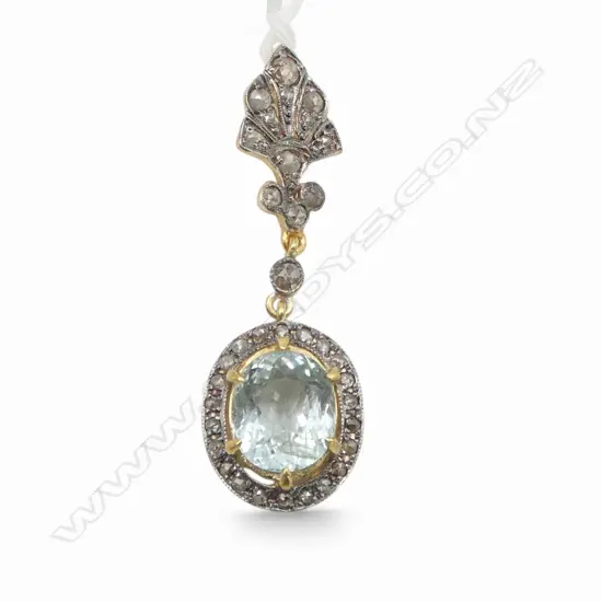ANTIQUE STYLE SILVER GILT PENDANT ROSE CUT DIAMONDS AND OVAL CUT AQUAMARINE