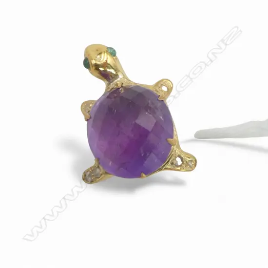 ANTIQUE STYLE SILVER GILT TURTLE BROOCH ROSE CUT DIAMONDS (0.12ct) 9ct AMETHYST EMERALDS (0.04ct)
