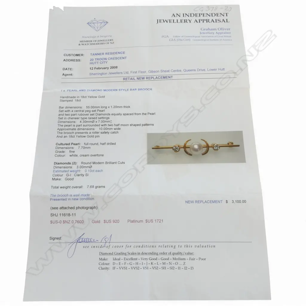 18ct PEARL & DIAMOND BAR BROOCH, 7.68gm Image 1++