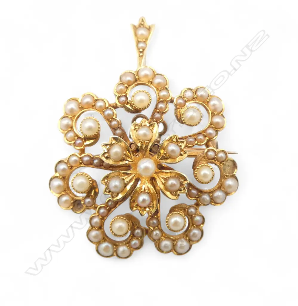 ANTIQUE 15CT SEED PEARL PENDANT BROOCH, 29mm dia, 8.2gms Image 1++