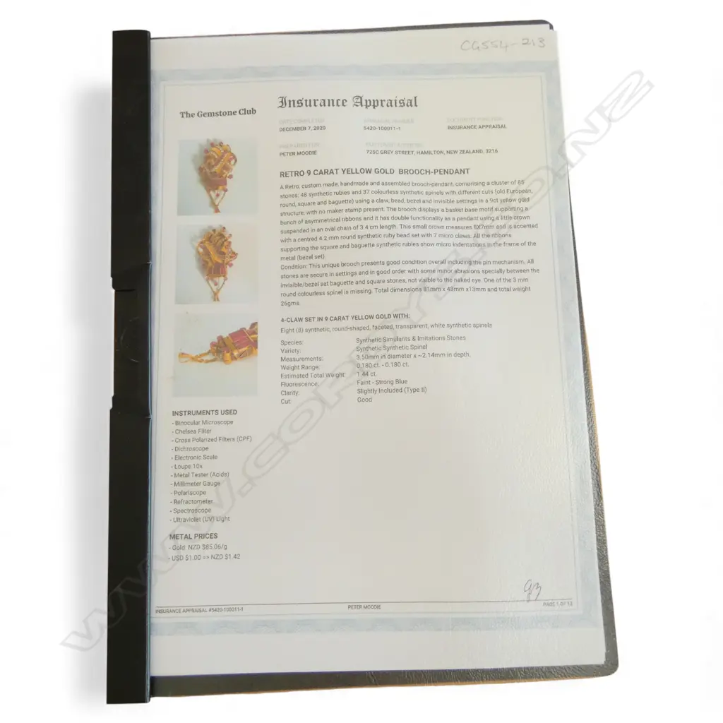 9CT GOLD SYNTHETIC RUBIES AND WHITE SPINELS PENDANT/BROOCH with valuation for $10,000 Image 1++