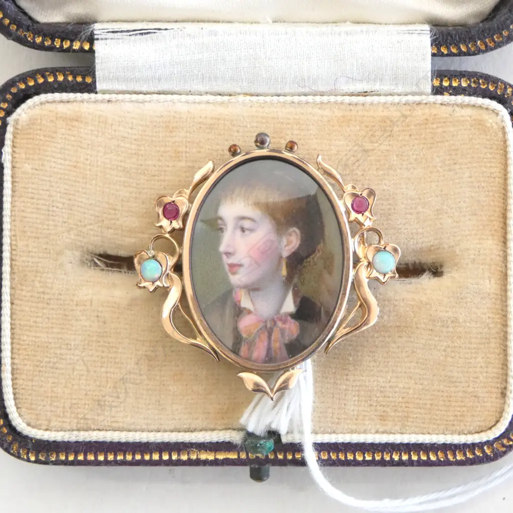 VICTORIAN GOLD PLATED FRAMED MINIATURE IVORY HAND PAINTED BROOCH with small opals Image 1++