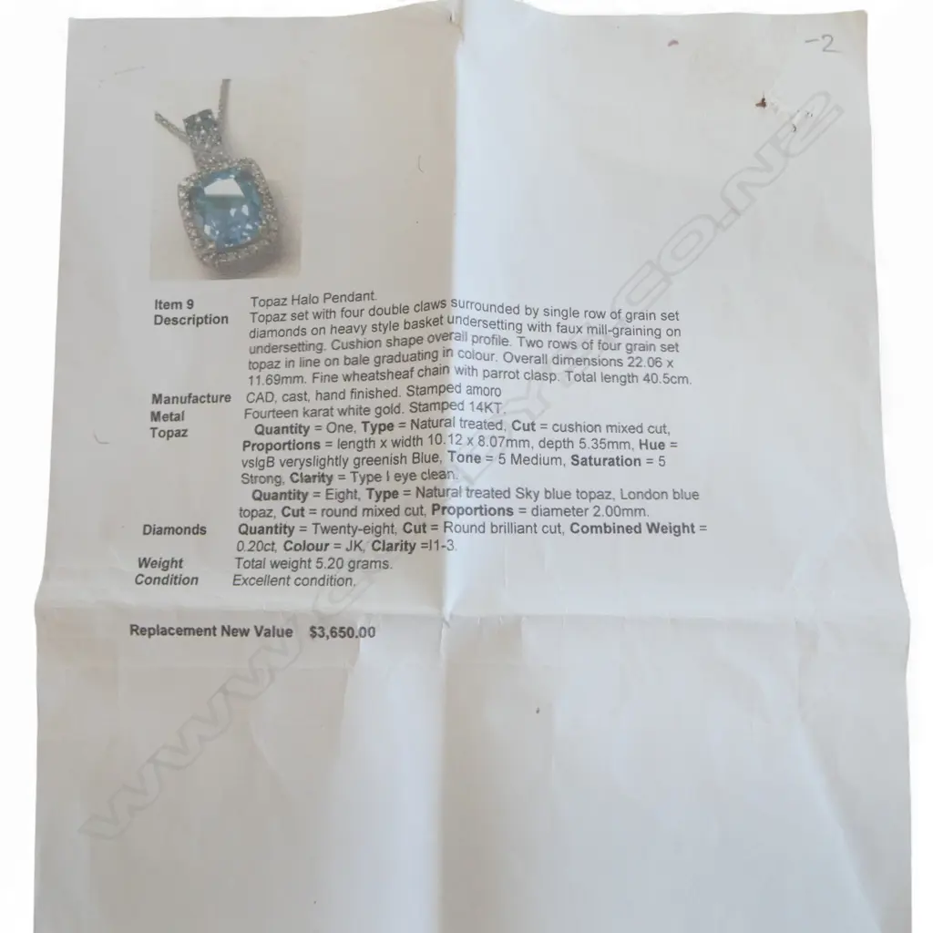 14ct WHT GOLD & TOPAZ HALO PENDANT on 14ct CHAIN, 5.20gm, valuation Image 1++
