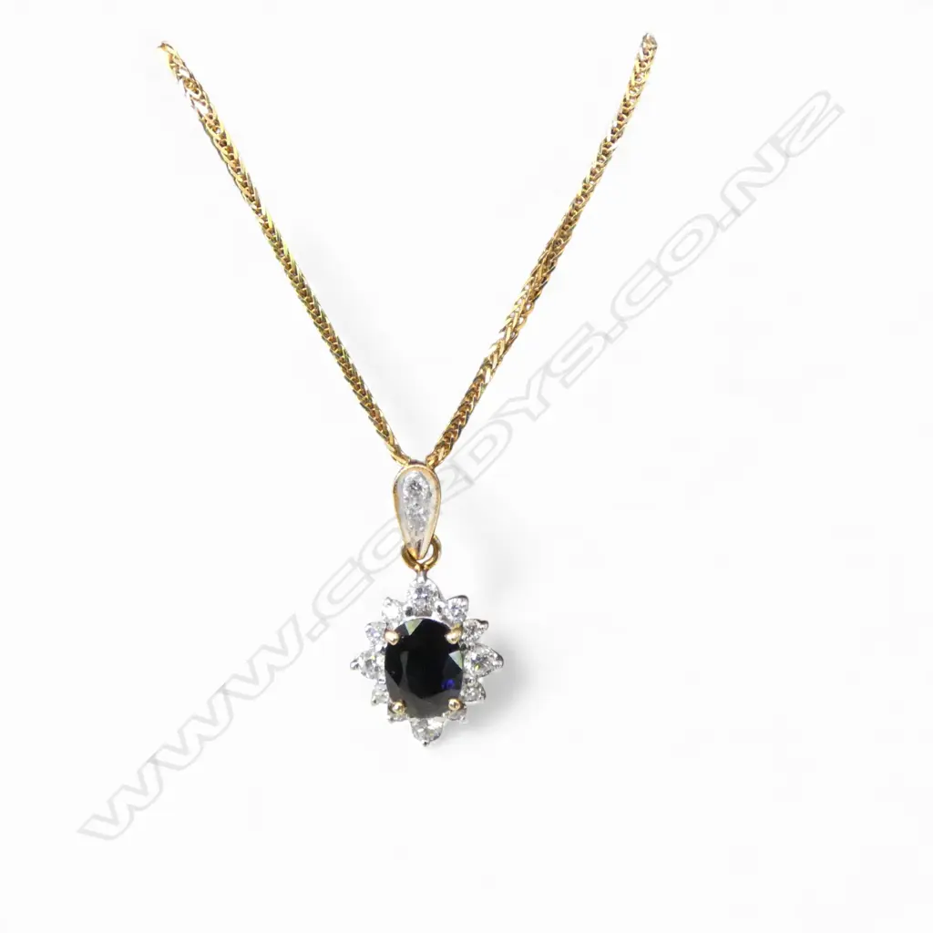18ct SAPPHIRE & DIAMOND HALO PENDANT on CHAIN, 4.90gm, chain L.400mm, valuation Image 1++