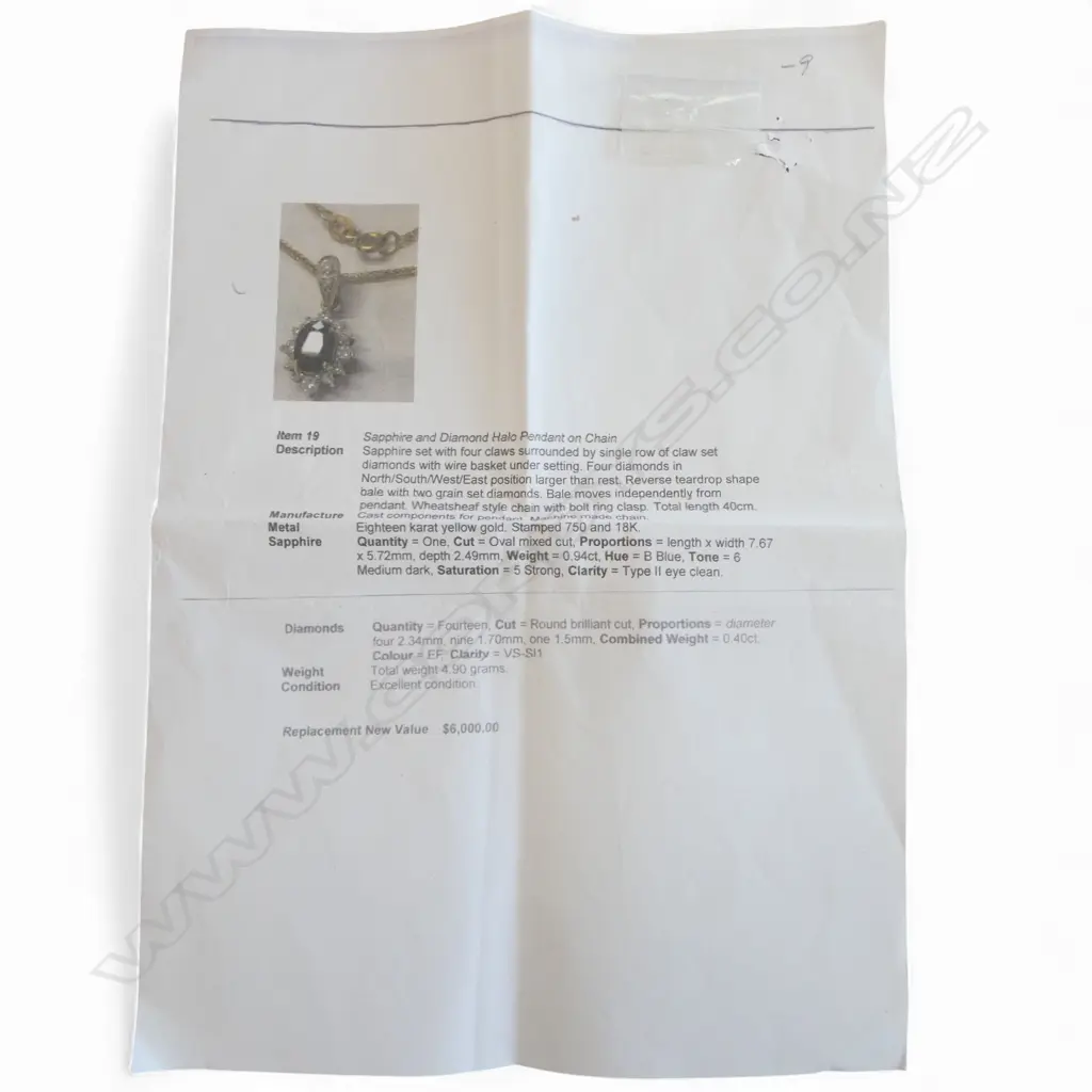 18ct SAPPHIRE & DIAMOND HALO PENDANT on CHAIN, 4.90gm, chain L.400mm, valuation Image 1++