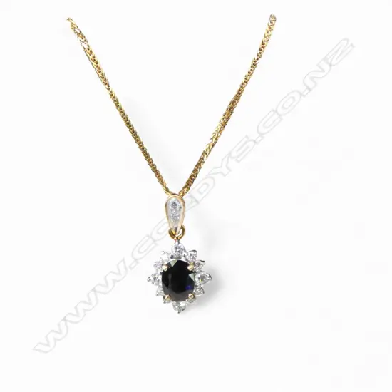 18ct SAPPHIRE & DIAMOND HALO PENDANT on CHAIN, 4.90gm, chain L.400mm, valuation