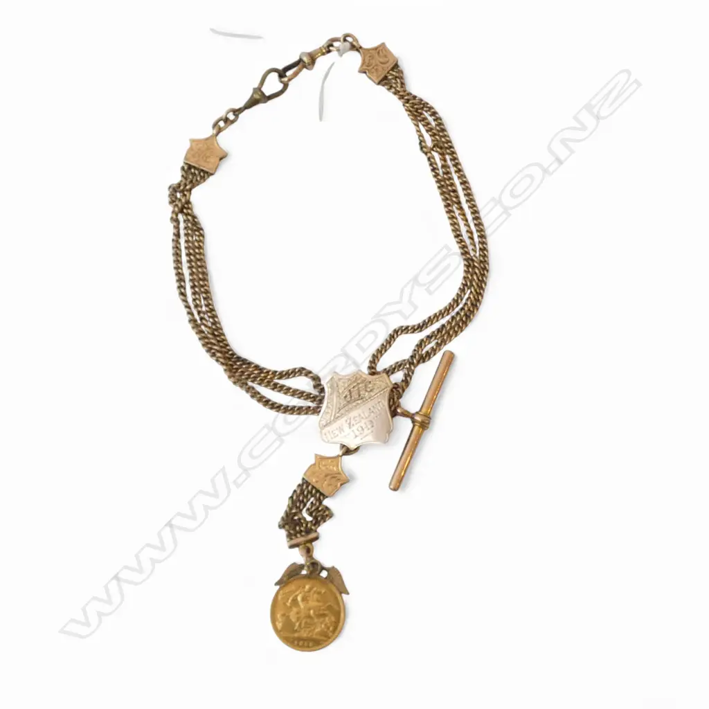 GOLD FOB CHAIN 1 clip plated + gold half sovereign 1915 Sydney. Triple chain. Old valuation.  35.37gms Image 1++