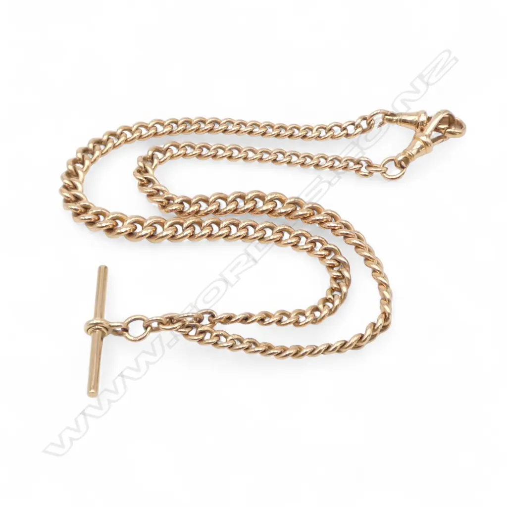 ANTIQUE 9ct ROSE GOLD CURB LINK ALBERT CHAIN w T-bar &  clips L.400mm. 32gms Image 1++