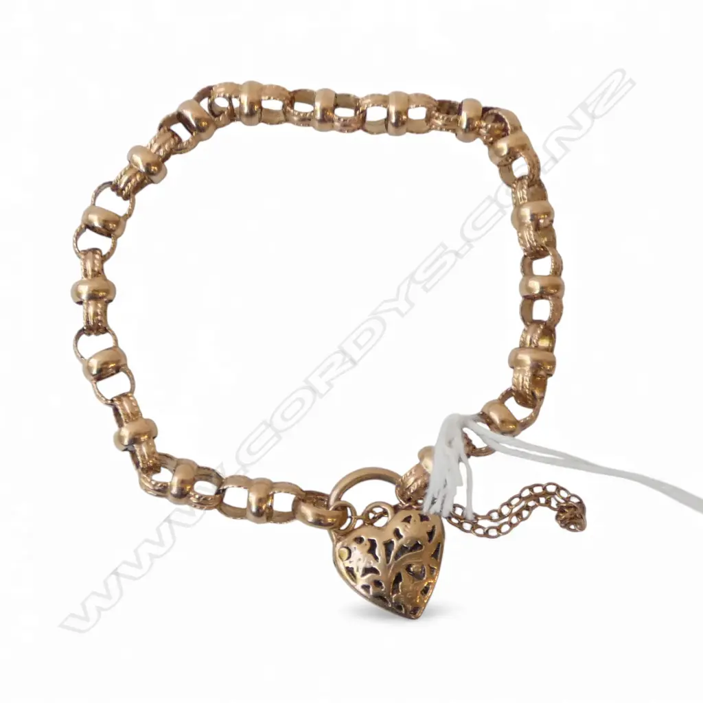 9CT  ROSE GOLD fancy link BRACELET. pierced heart padlock clasp. 14.9gms Image 1++