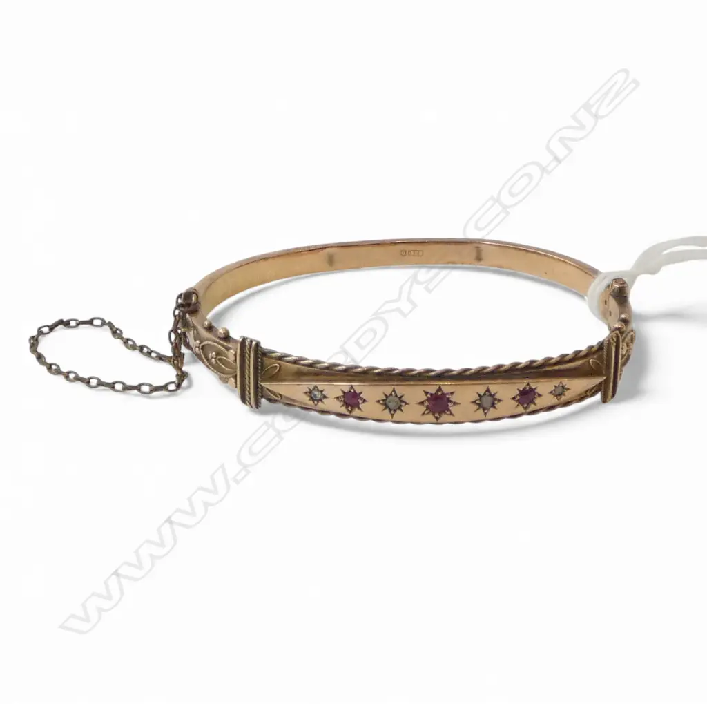 LATE VICTORIAN 9CT ROSE GOLD RUBY AND DIAMOND BANGLE CHESTER 1881 9.90gms (dented) Image 1++