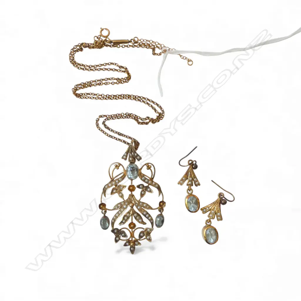 9CT GOLD EDWARDIAN SEED PEARL & AQUAMARINE PENDANT NECKLACE + PR MATCHING EARRINGS, 12.6gms Image 1++