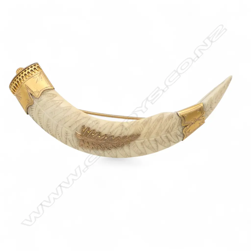 9ct GOLD CAPPED NZ TUSK BROOCH with gold fern and fern scratch carved detail Image 1++