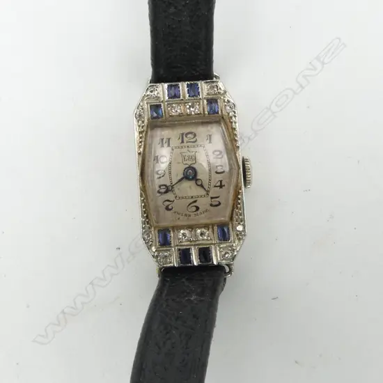 LADIES DECO STYLE 18CT WHITE GOLD SAPPHIRE AND DIAMOND VINTAGE WRIST WATCH 10.67gns
