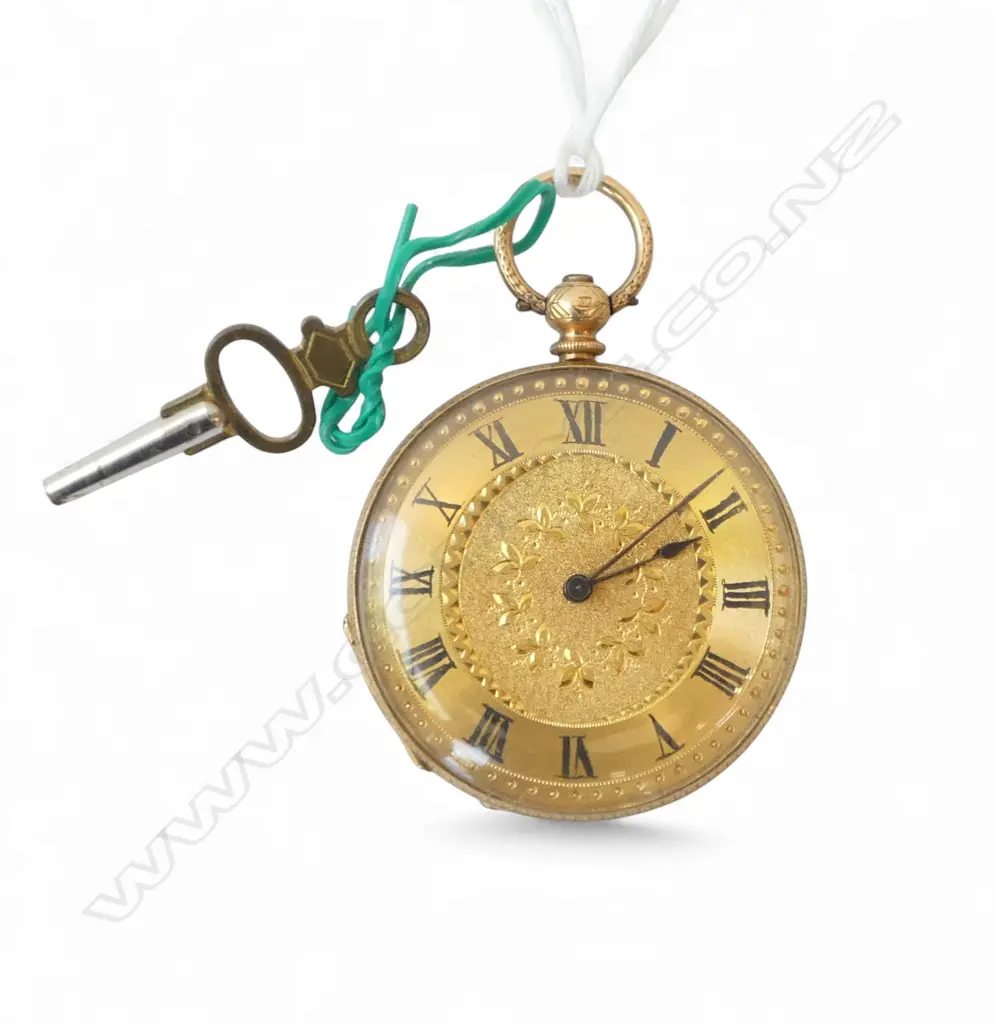 19thC 18CT POCKET WATCH w. KEY. Mid size. Open face. Plated dust cover. Running. 33.6gms. Image 1++