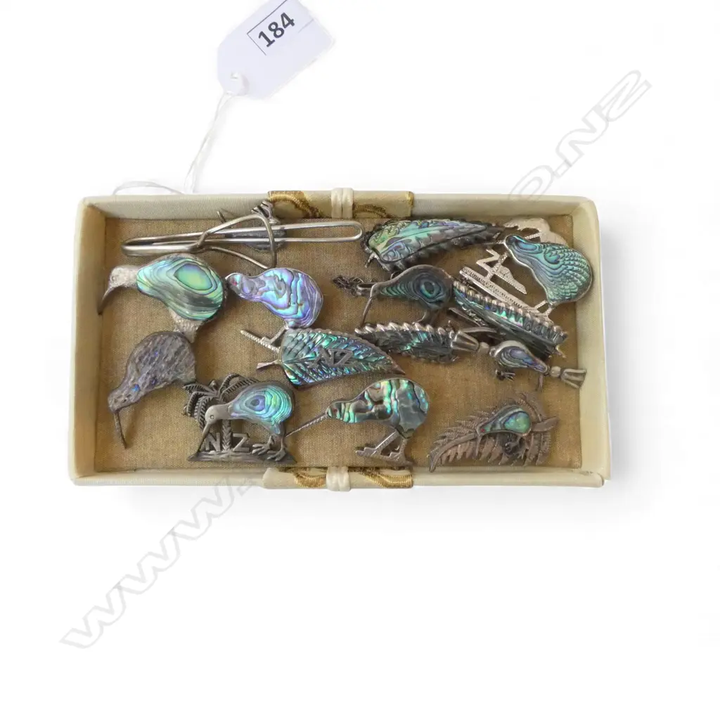 ASST. VINTAGE KIWI & FERN FORM STG SILVER & PAUA BROOCHES Image 1++