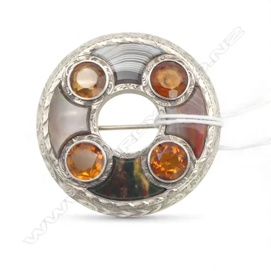 A late Victorian Scottish agate and silver ring brooch with various agates & stones