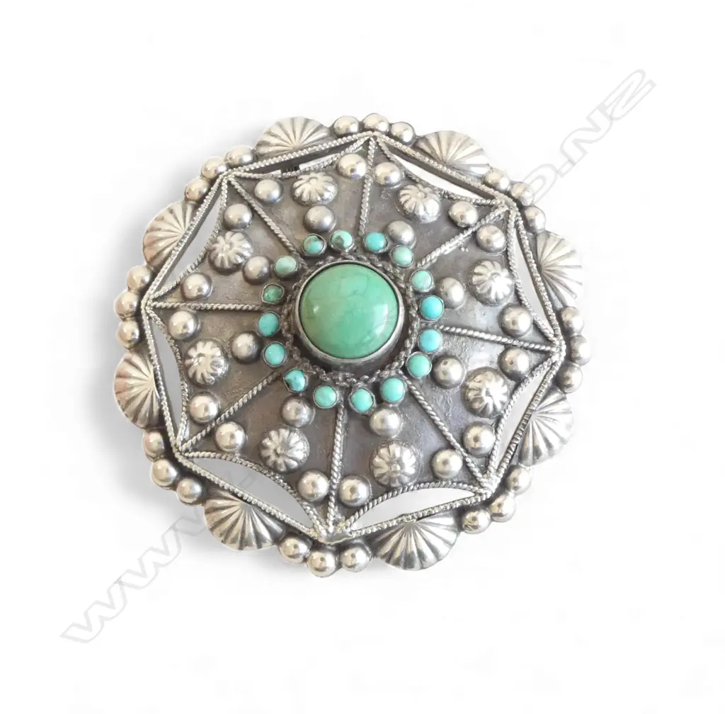 LARGE STG SILVER & TURQOUISE BROOCH Dia.60mm Image 1++