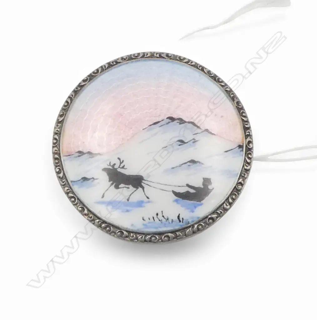 c1950's silver & guilloche enamel winter scene disc brooch '925S.GR' Image 1++