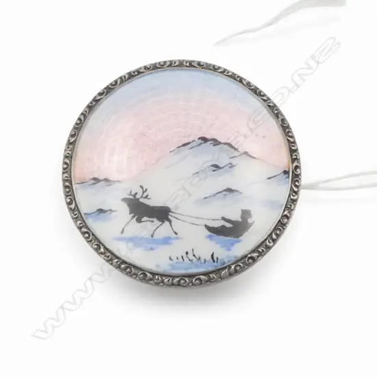 c1950's silver & guilloche enamel winter scene disc brooch '925S.GR'