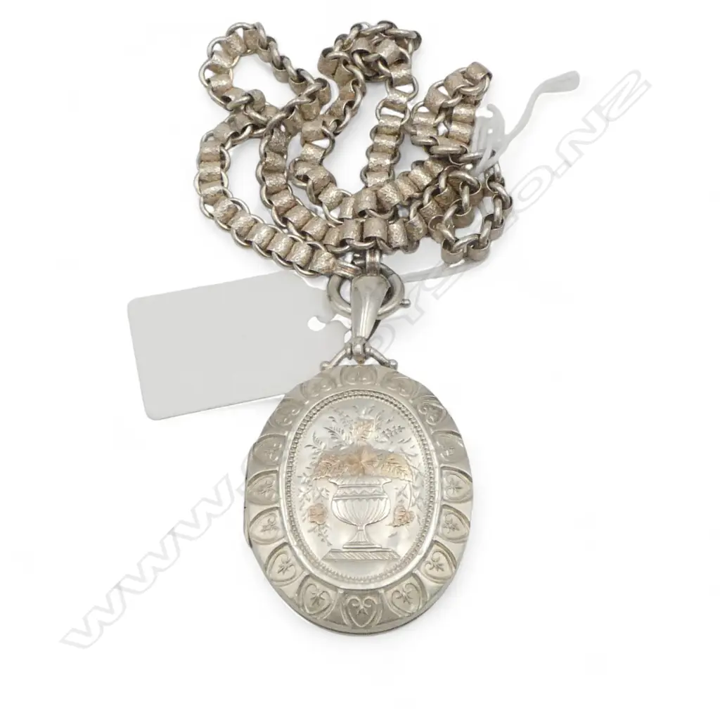 VICTORIAN SILVER MAYORAL CHAIN NECKLACE & LOCKET engraved. The flowering urn w gold highlights Image 1++