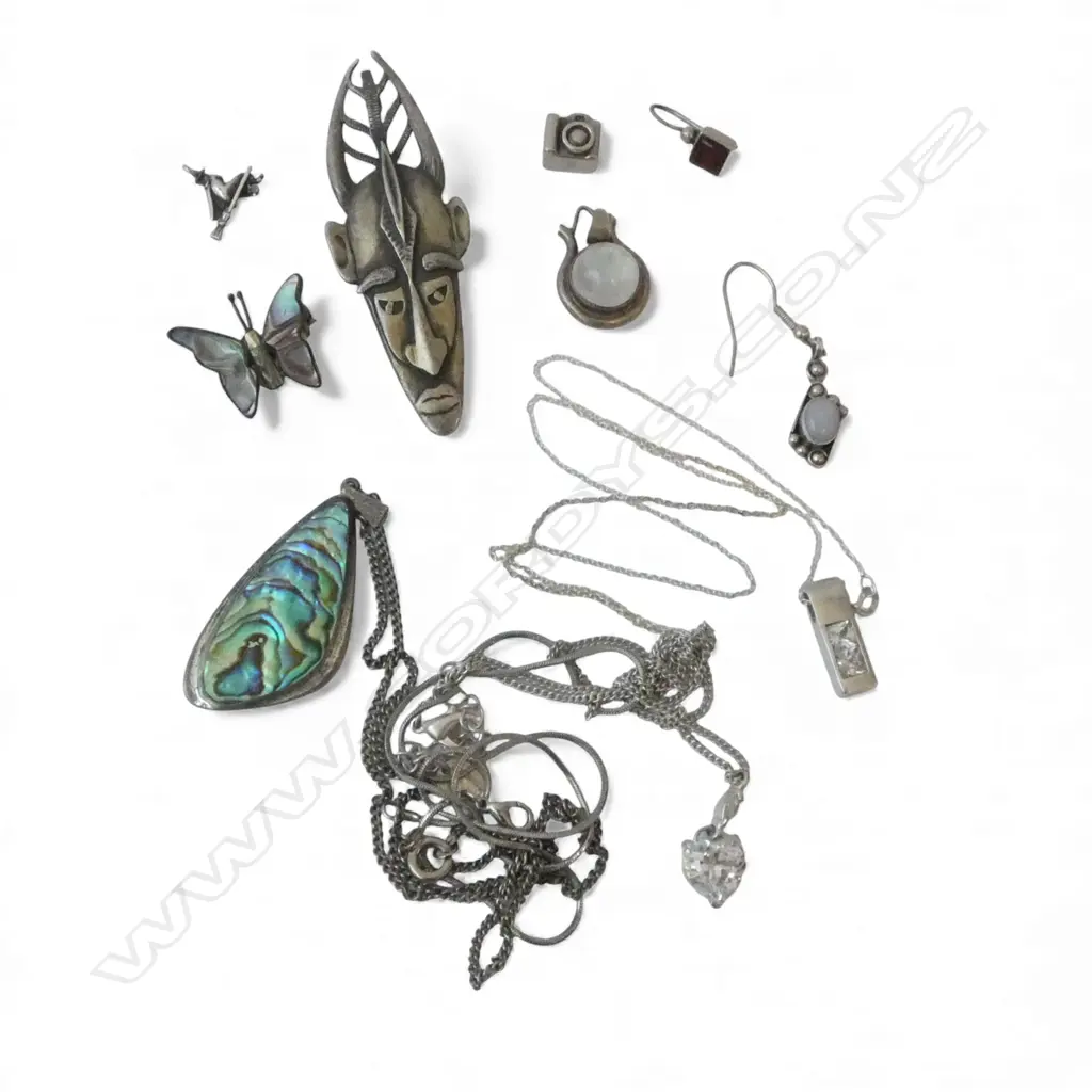 BAG of MAINLY SILVER JEWELLERY: tribal mask stg pendant + stg & paua pendant & butterfly + moonstones etc Image 1++