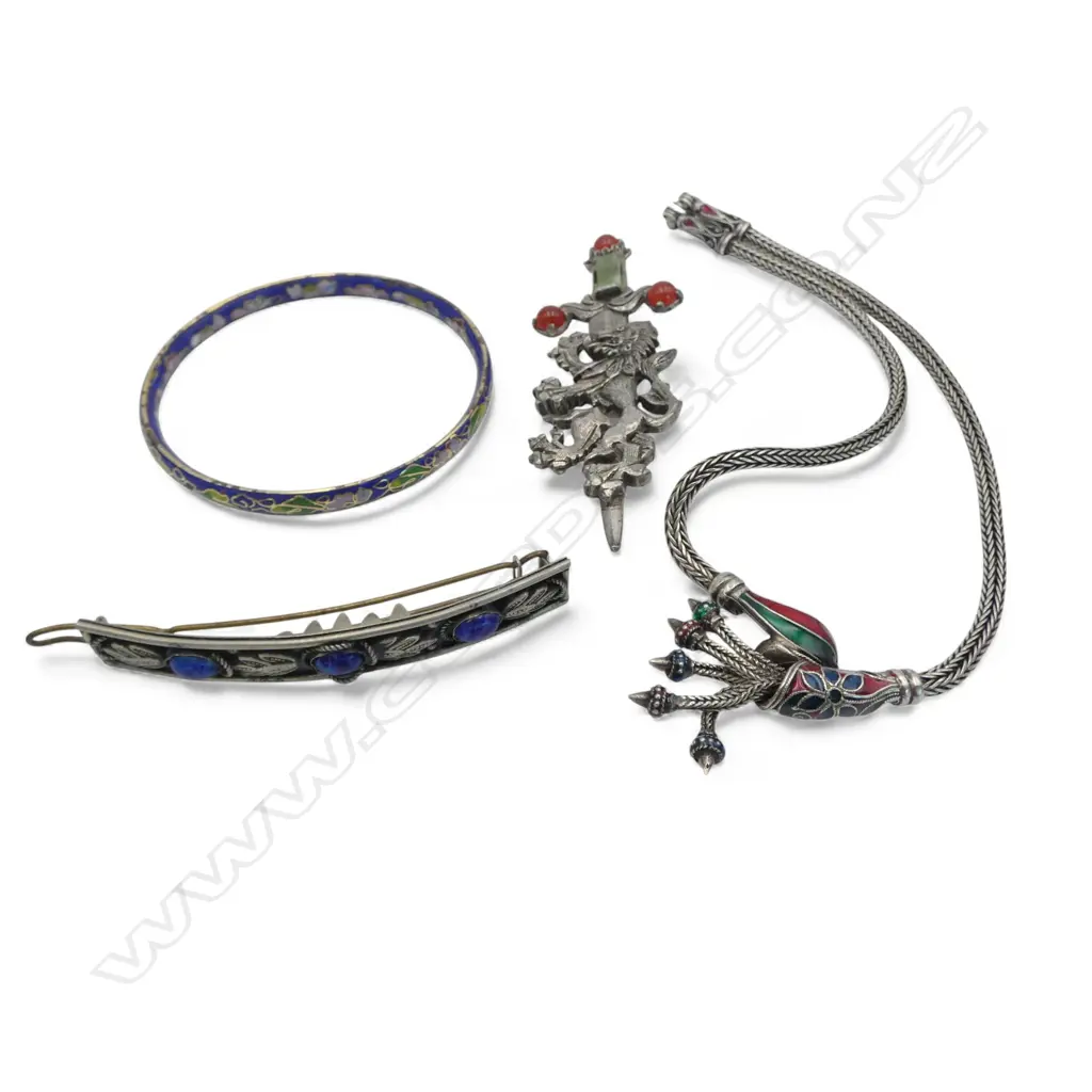 ASST COSTUME JEWELLERY: GAGGER BROOCH w lion + NECKLACE + HAIR CLIP +  enamel bangle Image 1++