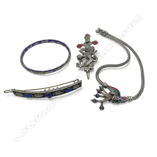 ASST COSTUME JEWELLERY: GAGGER BROOCH w lion + NECKLACE + HAIR CLIP +  enamel bangle