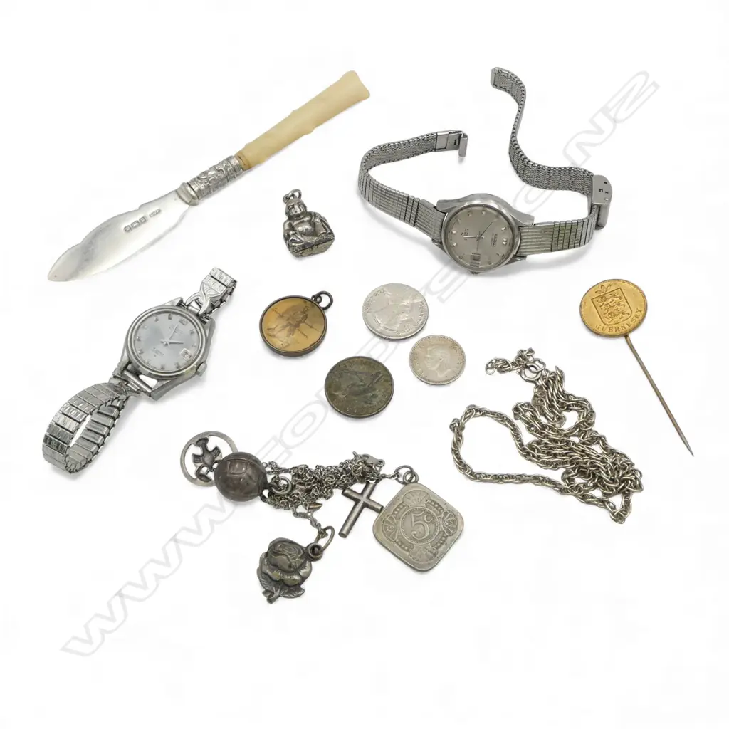 ASST JEWELLERY: 2 ladies Seiko automatic + buddha pendant + charm bracelet + silver & ivory butter knife etc Image 1++