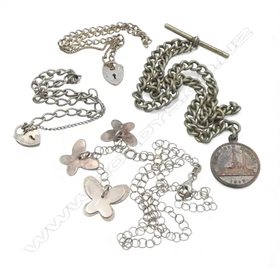 SILVER butterfly NECKLACE " 2 BRACELETS + HINGED BANGLE + 'MEXICO SILVER' FOB CHAIN w 1913 HMS NZ medallion