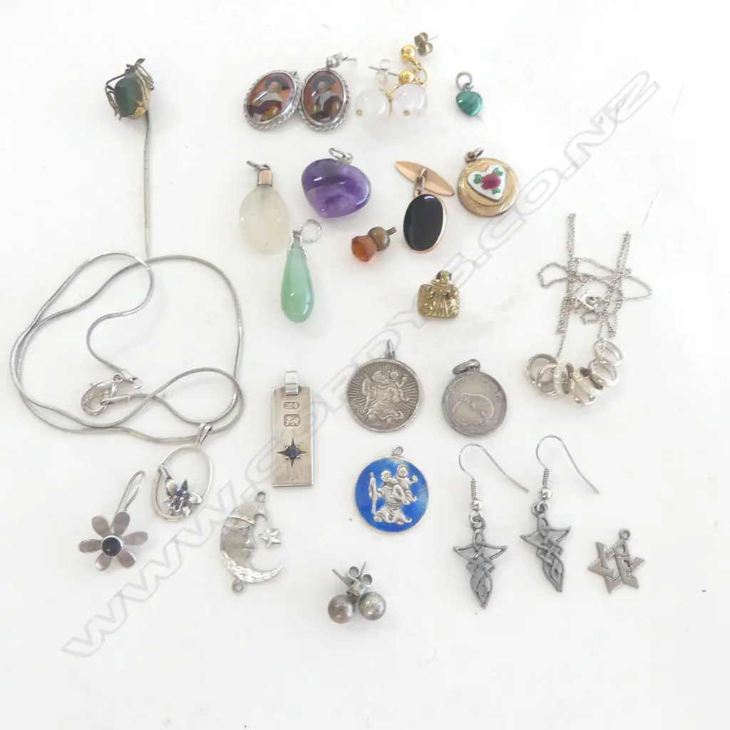 ASST JEWELLERY ETC: pendants + cuff links + silver pendant necklaces + scarab beetle stick pin Image 1++