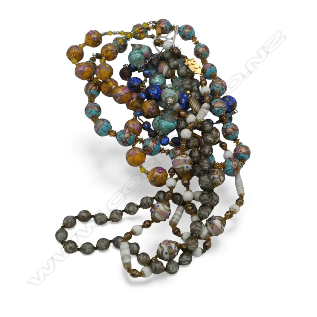 5 VENETIAN VINTAGE COLOURED GLASS BEAD NECKLACES with gilded & enamelled highlights etc Image 1++