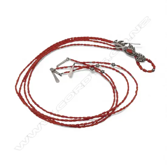 SILVER & CORAL BEAD LARIAT STYLE NECKLACE, L.116Omm, valuation