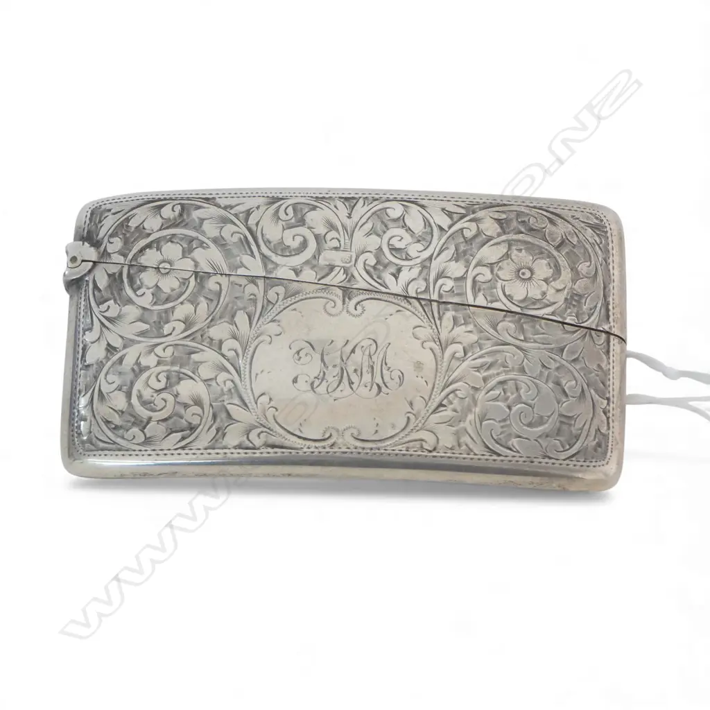 Chester 1902 Edwardian engraved silver card case. Curved for the hip. 36gms Image 1++