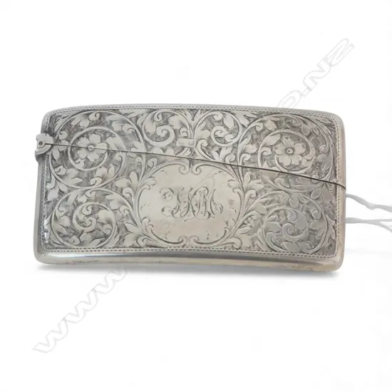 Chester 1902 Edwardian engraved silver card case. Curved for the hip. 36gms
