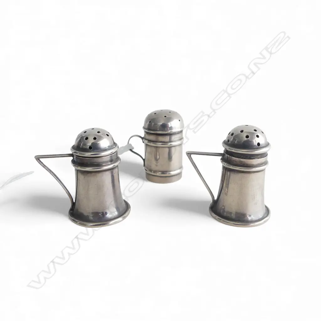 3 ANTIQUE MINIATURE STG SILVER SIFTERS; PR + 1 H.30mm Image 1++