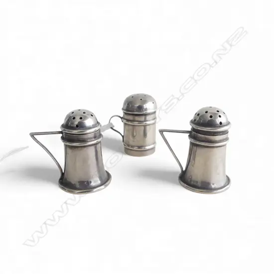 3 ANTIQUE MINIATURE STG SILVER SIFTERS; PR + 1 H.30mm