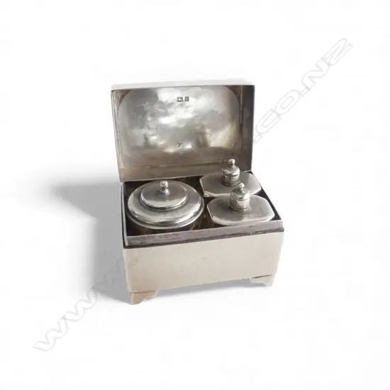 4 PCE STG SILVER MINIATURE TEA SET; PR CADDIES, MIXING BOWL, CHEST W.40mm, LONDON 1952 44gms