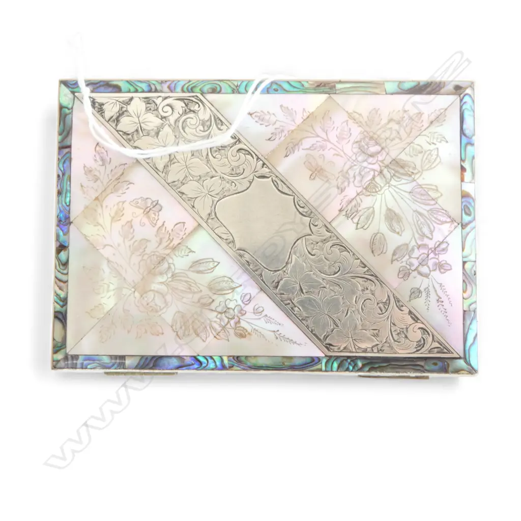 VICTORIAN MOTHER OF PEARL & SILVER CARD CASE fitted interior Image 1++