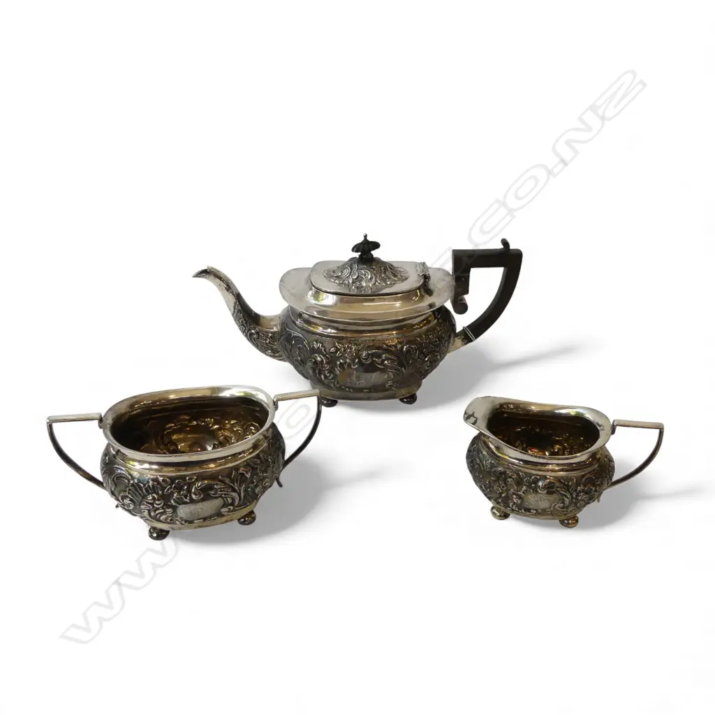 EDWARDIAN STG SILVER TEA SET, MARPLES & Co, SHEFFIELD 1902, 1097gms with heavily embossed exterior Image 1++