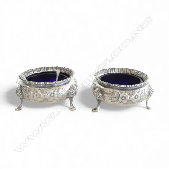 PR VICTORIAN SILVER SALTS with blue glass liners. Sheffield 1879. 138gms silver weight
