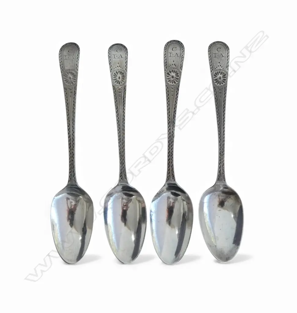 SET 4 GEORGE III SILVER TEASPOONS London 1787 by George Gray. Bright cut. 45gms  Image 1++