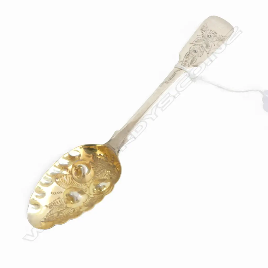 ANTIQUE George IV SILVER BERRY SPOON gilded & embossed fruit decoration Edinburgh 1827. 78gms Image 1++