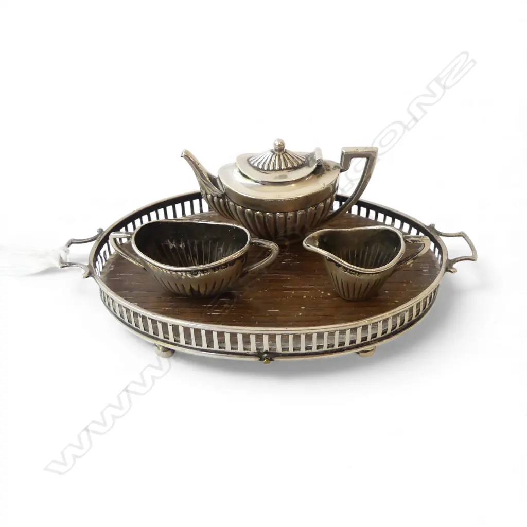 4 PCE STG SILVER MINIATURE TEA SET; TRAY 105x60mm, TEAPOT, MILK & SUGAR, B'HAM 1905 Image 1++