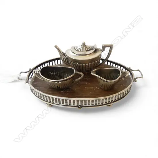 4 PCE STG SILVER MINIATURE TEA SET; TRAY 105x60mm, TEAPOT, MILK & SUGAR, B'HAM 1905