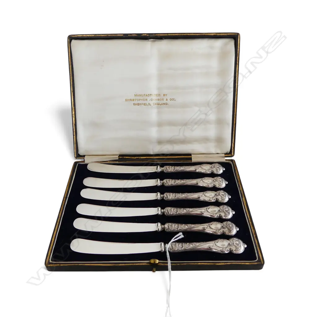 6 ART NOUVEAU STG SILVER HANDLED PATE KNIVES, SHEFFIELD 1906, CASED Image 1++