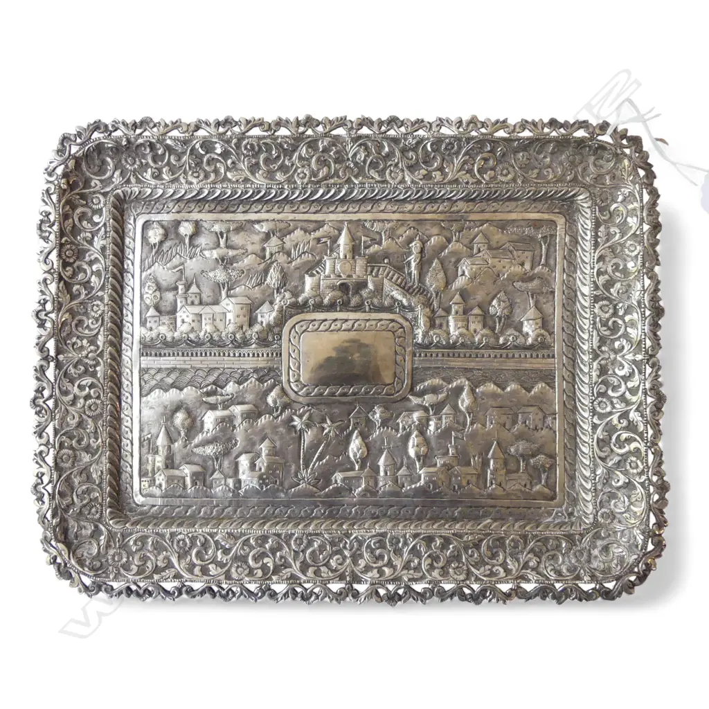 OLD INDIAN SILVER TOWN SCENE EMBOSSED TRAY L.270mm.300gms Image 1++