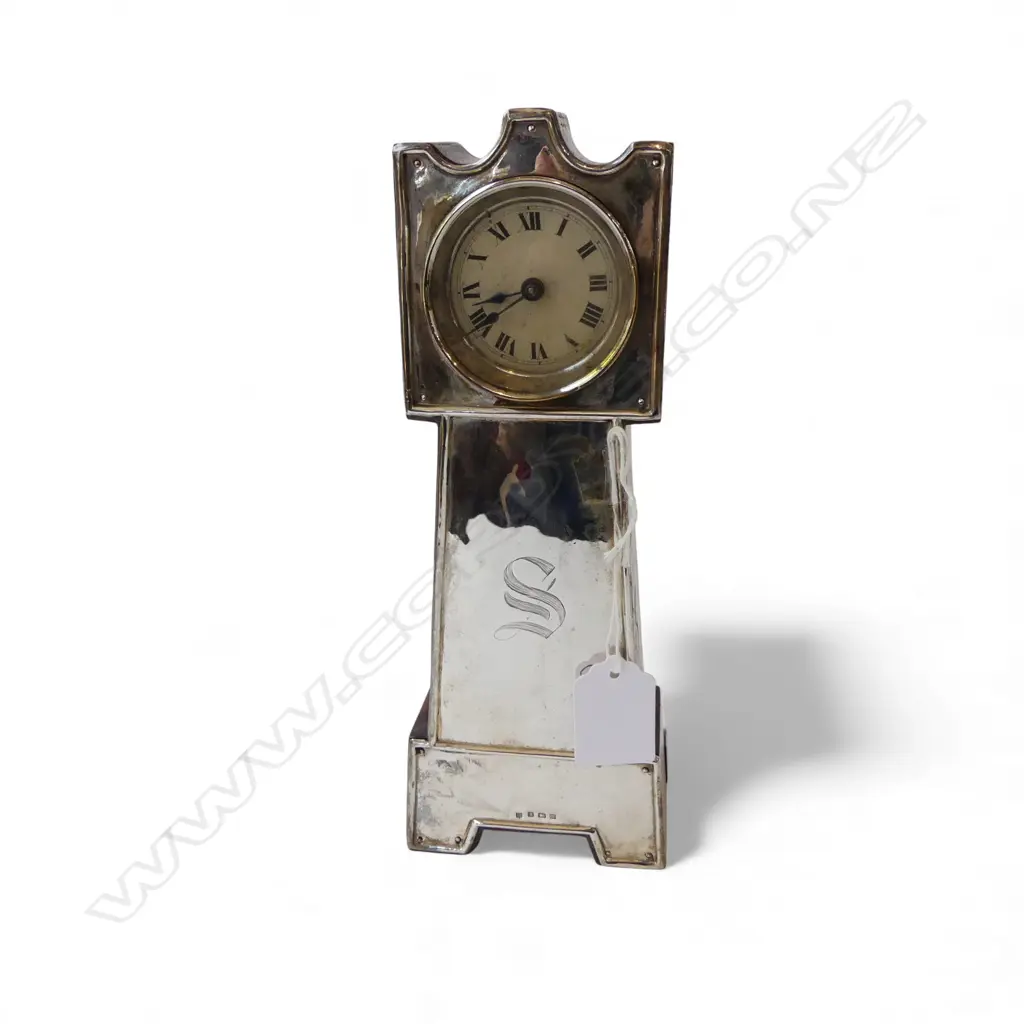 SILVER FRONTED OAK DESK CLOCK longcase form. Birmingham 1925. H.225mm. Winder handle absent Image 1++