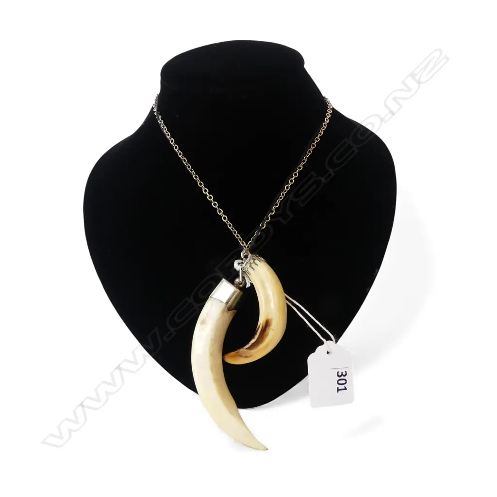 2 David Tuart silver mounted pendants. 1 tusk + 1 tooth? L's.85 & 55mm..... Image 1++