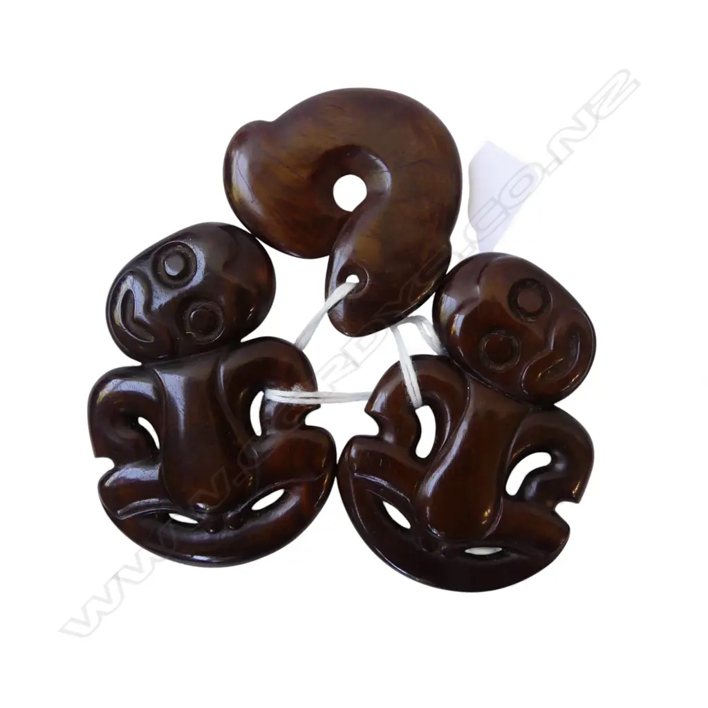 2 David Tuart hardwood carved hei tiki tiki and 1 hei matau. L's.60 & 43mm.... Image 1++