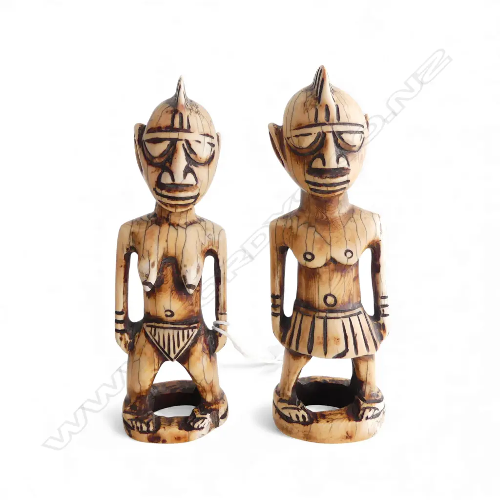PR 20thC YORUBA CARVED IVORY IBEJI FIGURES H.135mm Image 1++